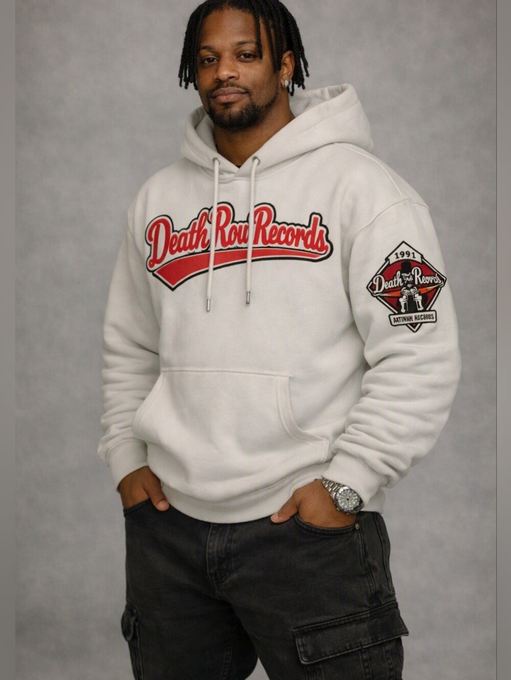 DEATH ROW RECORDS GRAPHIC LOGO HOODIE. SIZE MEDIUM. WHITE/ RED.
